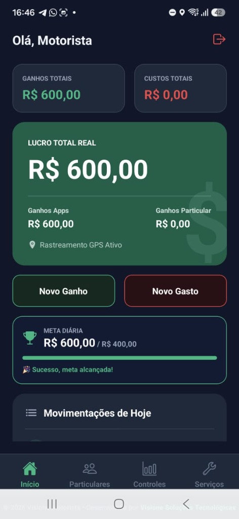 Tela do app Visione Motorista mostrando o painel de lucro diário